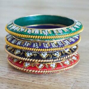 Vintage Indian Lacquer‎ Bangle Set 4pc Multicolor Gold Beaded Churi Bracelets